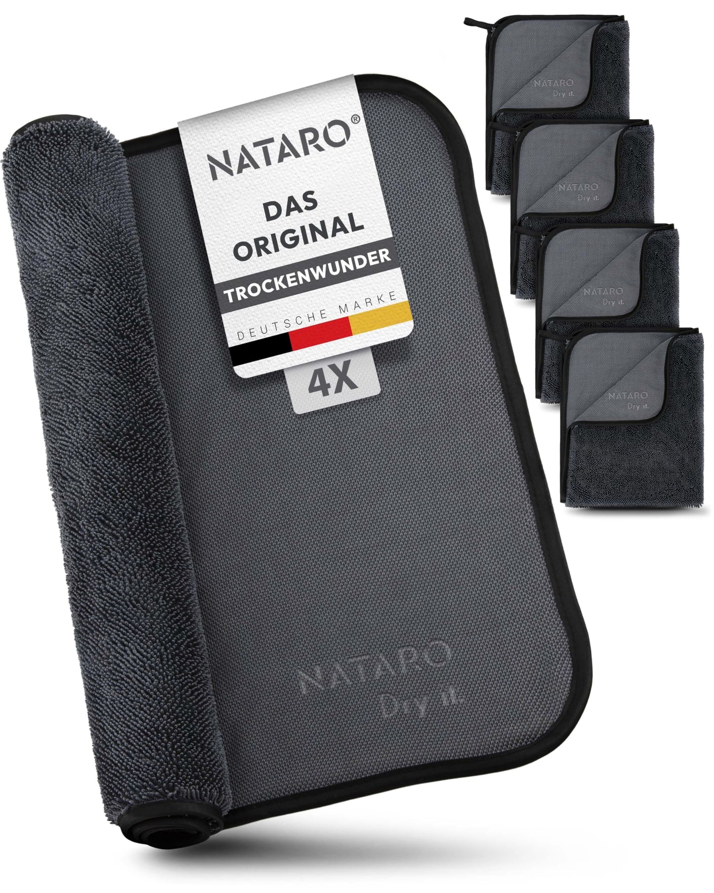 NATARO® 4 Pack Fast Dry it. Premium drying cloth for shower, car, household, camping - THE ORIGINAL - extra absorbent microfiber cloth, lint-free, scratch-free Shiny Wipes towels 40x50cm