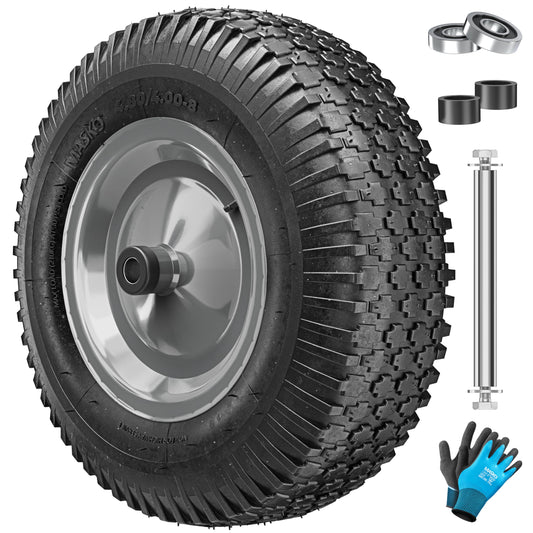 MASKO® wheelbarrow wheel pneumatic tire 250kg replacement wheel air-filled wheelbarrow garden cart 40cm/15.6" extra-wide 9.5cm air wheel puncture-proof tire with steel rim & gloves carbon steel ball bearing