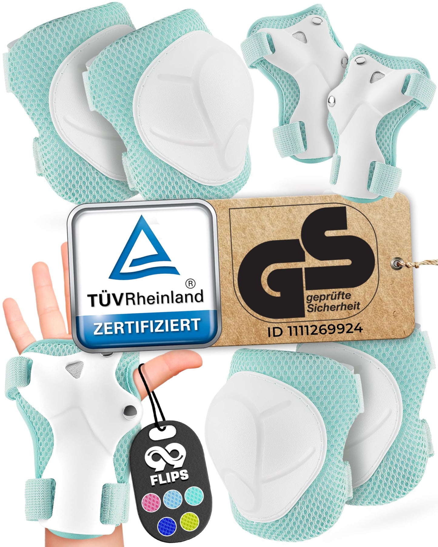 99FLIPS Kids Inline Skates 3 years - TÜV Rheinland GS Seal [6-Pack] - Flash - Size XS Mint - Protective Gear - Knee Pads - Knee and Elbow Pads for Kids