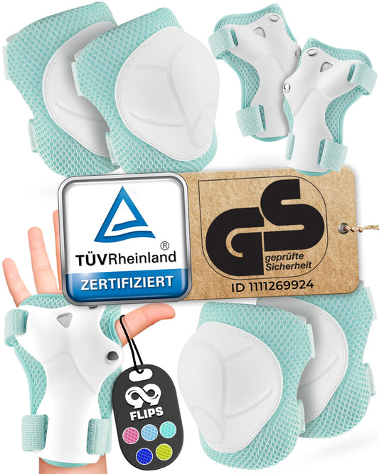 99FLIPS Kids Inline Skates 3 years - TÜV Rheinland GS Seal [6-Pack] - Flash - Size XS Mint - Protective Gear - Knee Pads - Knee and Elbow Pads for Kids