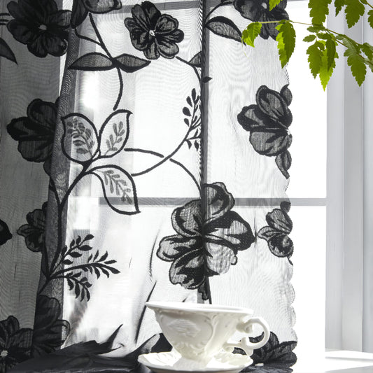 Treatmentex top curtain jacquard curtains with eyelets Black 3D flower pattern Semi-transparent curtains Vintage Romantic Decorative curtains Eyelet curtains for girls' room living room, 2 pieces, 140x180cm (WxH)