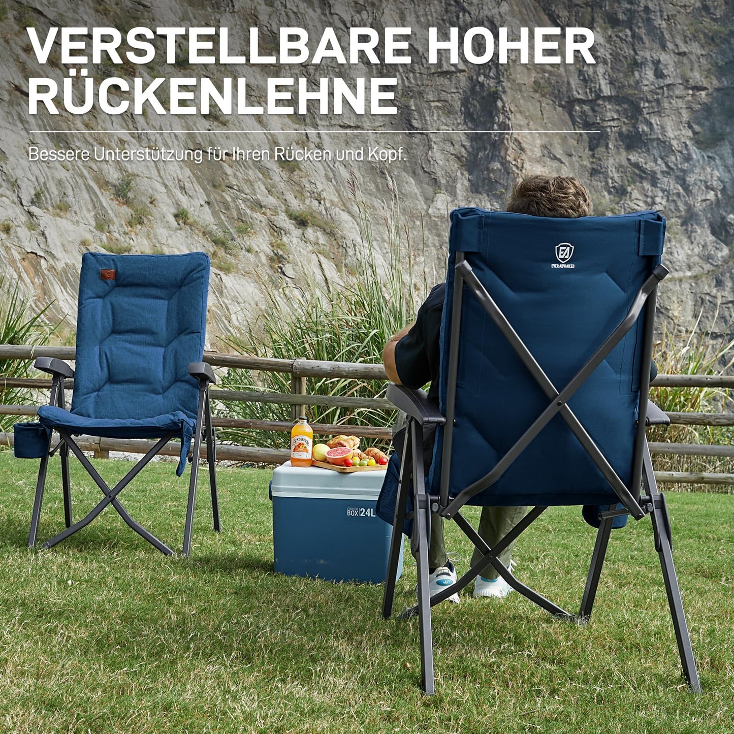 EVER ADVANCED Folding Camping Chair with 4-Position Adjustable Backrest, up to 150 KG Capacity. Padded with 6cm thickness, featuring a side pocket and cup holder. High backrest for camping, garden, or balcony use.
