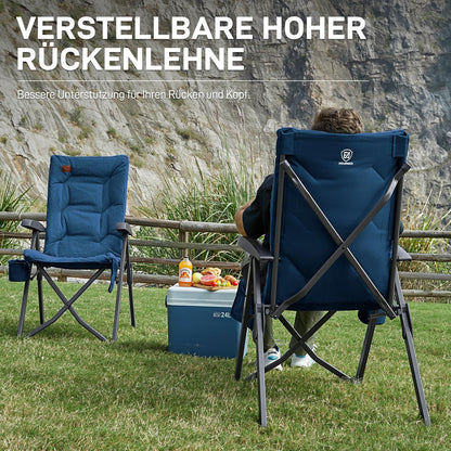 EVER ADVANCED Folding Camping Chair with 4-Position Adjustable Backrest, up to 150 KG Capacity. Padded with 6cm thickness, featuring a side pocket and cup holder. High backrest for camping, garden, or balcony use.
