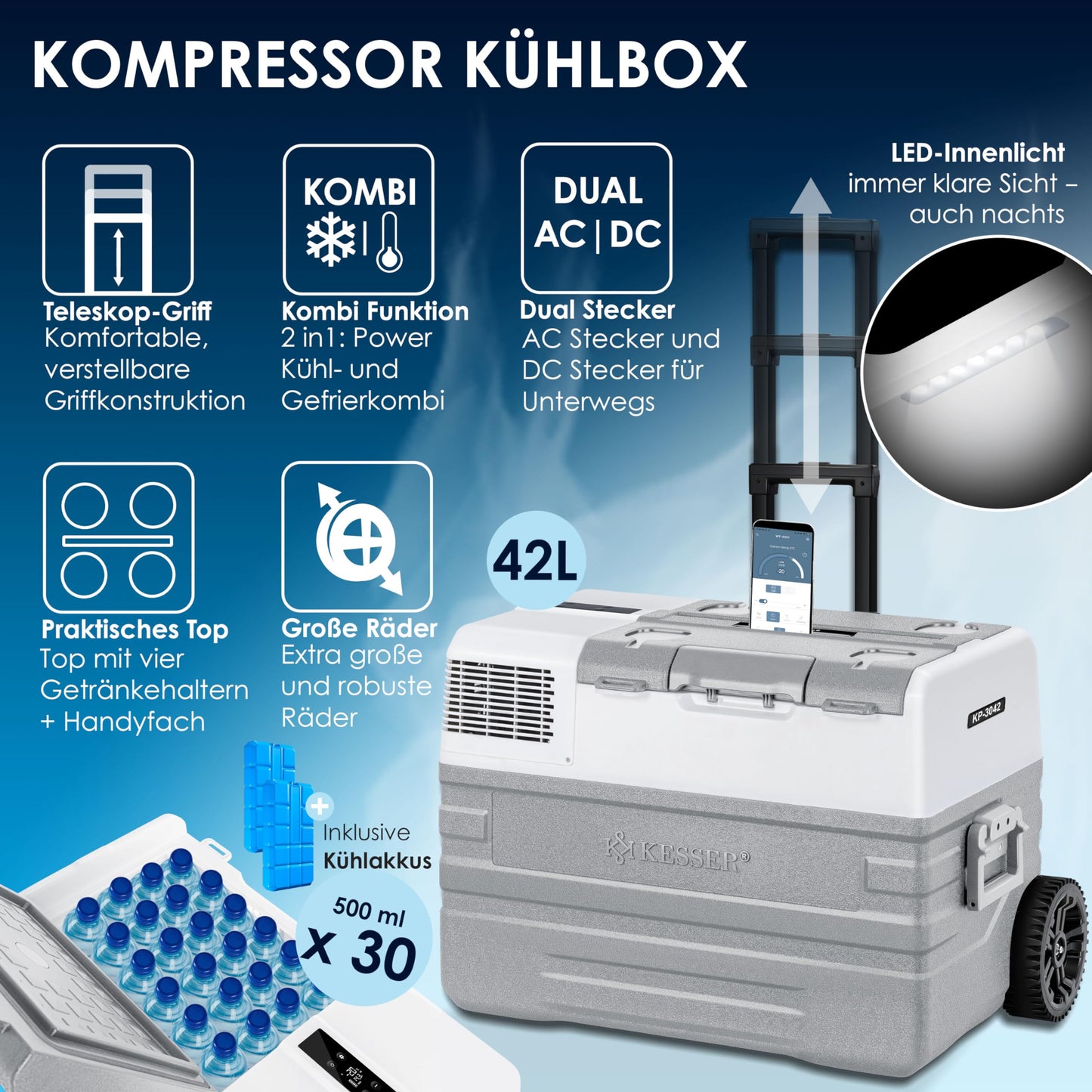 KESSER® compressor cooler box electric freezer box, 42 liters with app control USB port 12/24 V 230V, +telescopic handle, 2x cooler box wheels refrigerator cooling up to -20 °C for car, truck, boat + cooler pack