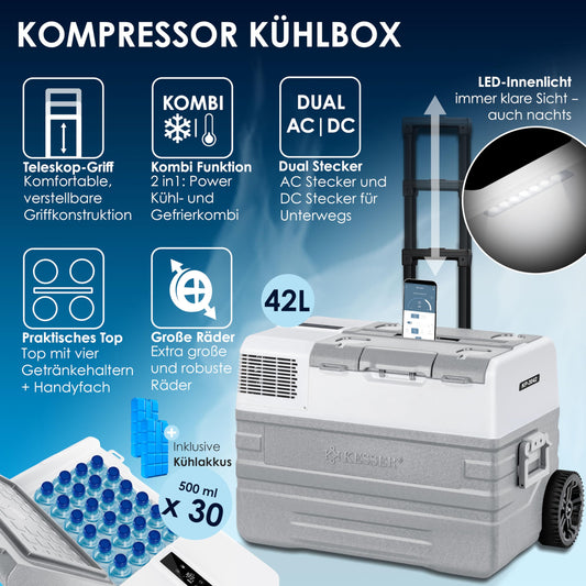KESSER® compressor cooler box electric freezer box, 42 liters with app control USB port 12/24 V 230V, +telescopic handle, 2x cooler box wheels refrigerator cooling up to -20 °C for car, truck, boat + cooler pack
