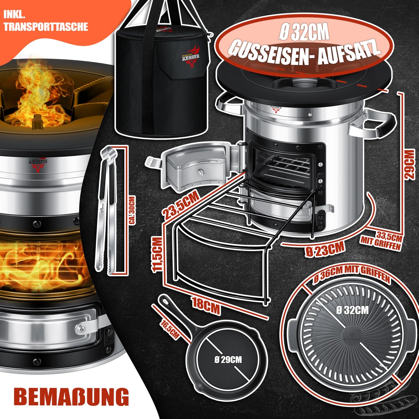 KESSER® Rocket stove incl. cast iron grill pan, griddle, grill tongs & carrying bag | Dutch Oven BBQ Rocket wood stove camping | Outdoor camping stove camping grill stainless steel silver
