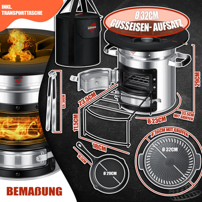 KESSER® Rocket stove incl. cast iron grill pan, griddle, grill tongs & carrying bag | Dutch Oven BBQ Rocket wood stove camping | Outdoor camping stove camping grill stainless steel silver