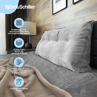 Björn & Schiller Back Pillow - Reading Pillow for Bed and Sofa, Wedge Pillow, Back Cushion for the Wall, Seat Cushion, Wall Pillow, large with washable cover (Gray, 200 cm)