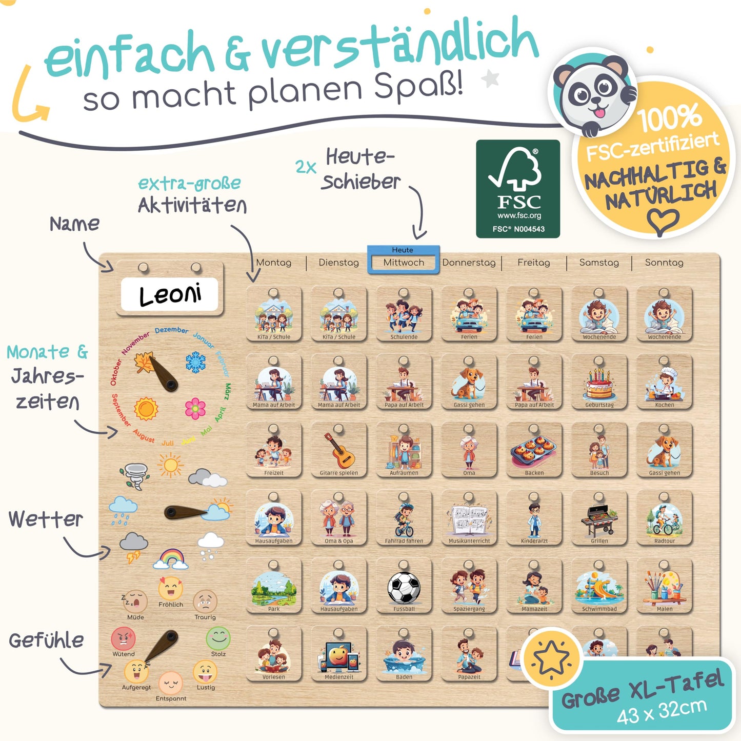 PANDABANDE® Premium Weekly Planner Kids [Emotions, Weather, Months] - 100% FSC®-certified wooden toy - Ideal weekly schedule for children, daily planner, routine planner, kids calendar