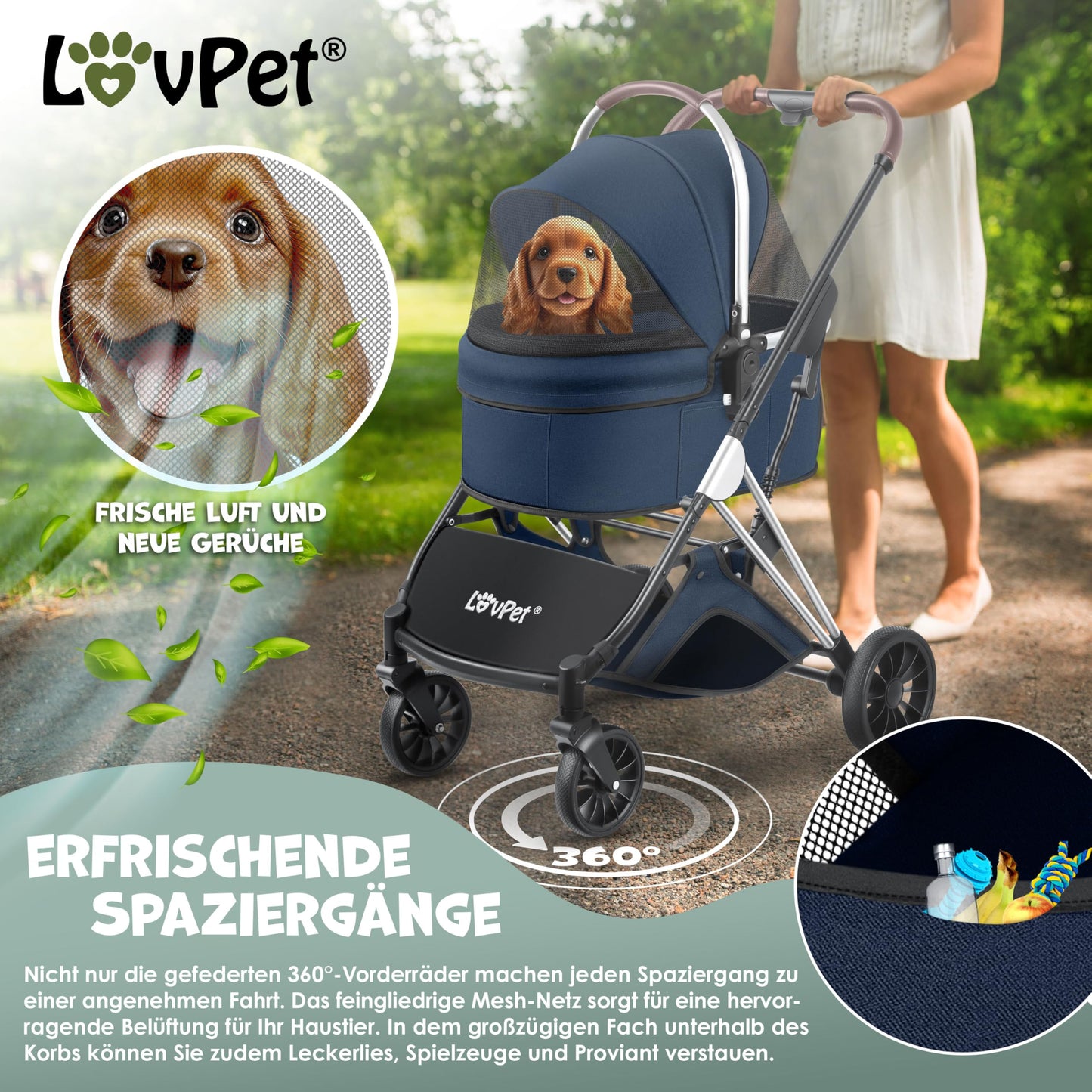LOVPET® 3in1 dog stroller for dogs up to 20kg. Can be used as a dog carrier bag, foldable and collapsible. Features large wheels, mesh windows, rain cover, cup holder, and cozy blanket. Also suitable for cats, jogging, and outdoor activities.