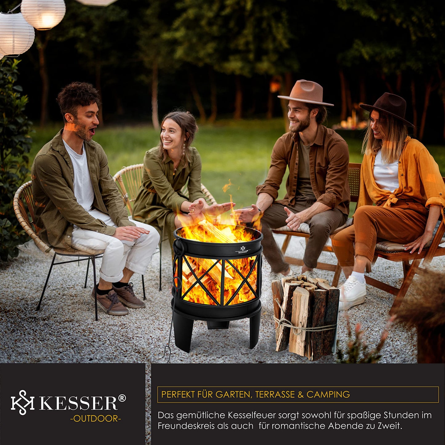 KESSER® Fire Bowl Including Cover Fire Pit with Spark Protection & Handles + Poker Fire Place 58 x 45 cm for Garden & Terrace Metal Antique Rust Look Multifunctional Fire Pit Heater BBQ Black