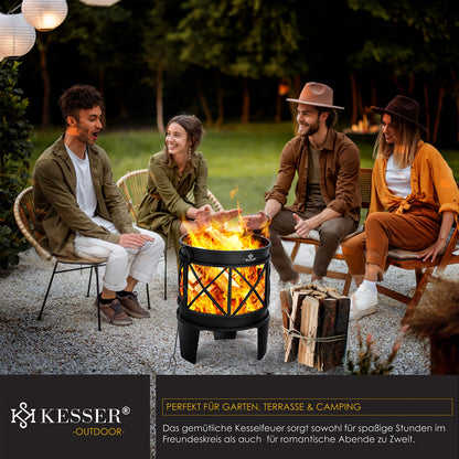 KESSER® Fire Bowl Including Cover Fire Pit with Spark Protection & Handles + Poker Fire Place 58 x 45 cm for Garden & Terrace Metal Antique Rust Look Multifunctional Fire Pit Heater BBQ Black