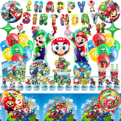 102Pcs Ma Rio paper plates children's birthday decor Super Bros birthday tableware set birthday decorations party tableware party decor tablecloth napkins plates and cups balloon banner cake decoration for 20 guests.