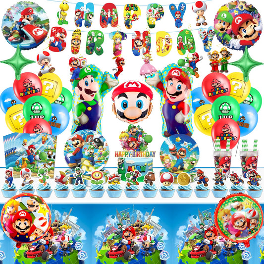 102Pcs Ma Rio paper plates children's birthday decor Super Bros birthday tableware set birthday decorations party tableware party decor tablecloth napkins plates and cups balloon banner cake decoration for 20 guests.