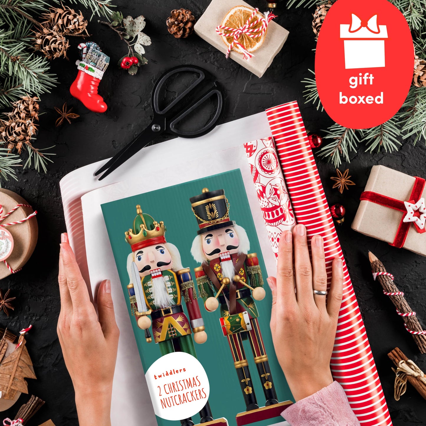 THE TWIDDLERS 2 Large Nutcracker Christmas Figures made of wood, 30cm - Traditional Christmas decor High-quality pine wood, indoor Christmas decorations, Classic ornaments & movable parts