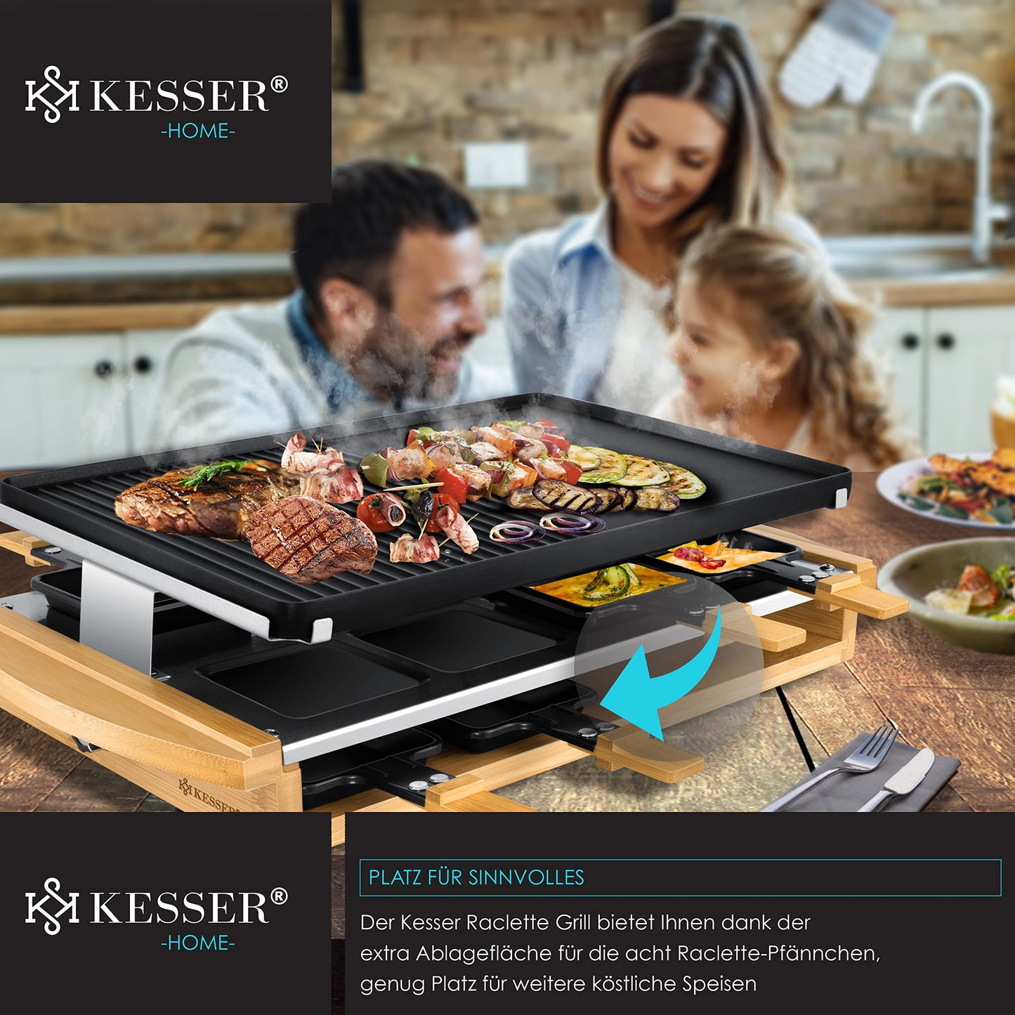 KESSER® Raclette grill with natural stone grill plate, tabletop grill for 8 people, electric raclette grill with non-stick coating grill plate, 8 pans and wooden spatula 1200W