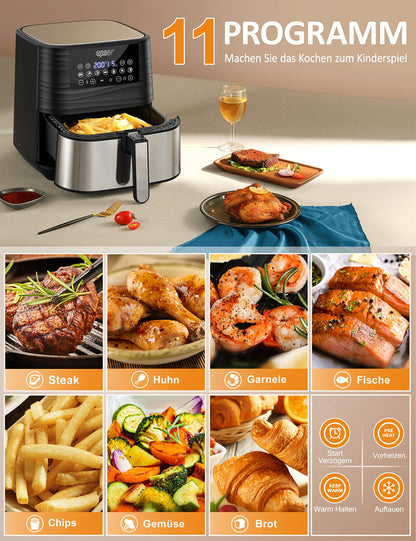 Innsky hot air fryer 5.5L XXL, 1700W hot air fryer with digital LED touchscreen and 7 programs, preheat & keep warm & defrost, air fryer without oil with recipe book in German.