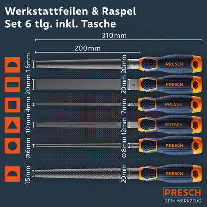 6-piece metal and wood file set with roll-up case - High-quality professional file set with cut 2 including half-round rasp, flat blunt file, half-round file, round file, triangular file, and square file.