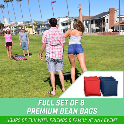 GoSports Cornhole Game Set with American Flag design, 90 x 60 cm, includes two 90 x 60 cm boards, 8 bean bags, and carrying case.