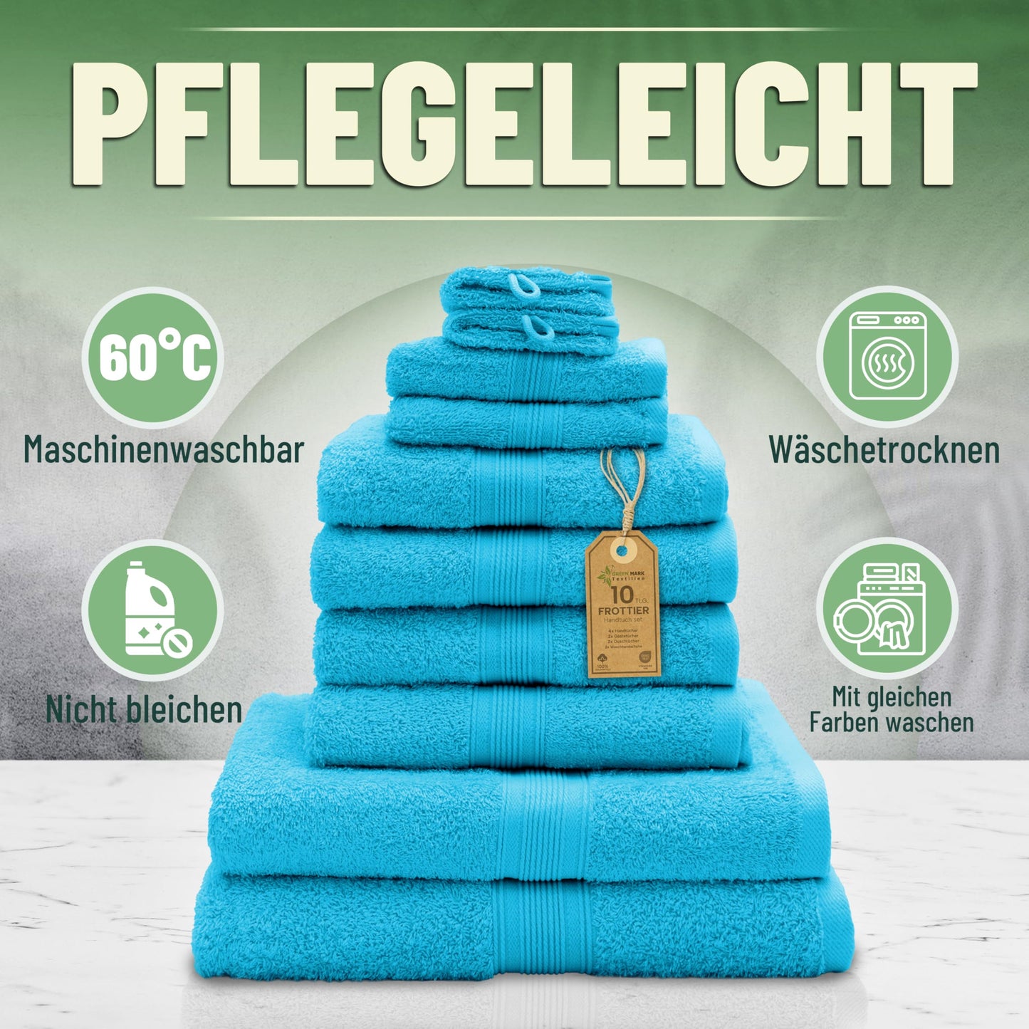 GREEN MARK 10-piece terry towel set with various sizes: 4 hand towels, 2 bath towels, 2 guest towels, 2 washcloths. Color: Turquoise. Premium quality.