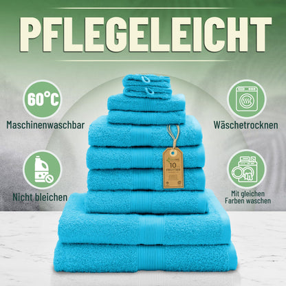 GREEN MARK 10-piece terry towel set with various sizes: 4 hand towels, 2 bath towels, 2 guest towels, 2 washcloths. Color: Turquoise. Premium quality.