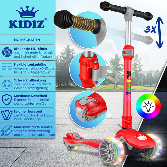 KIDIZ® Roller Children Scooter X-Pro2 Trike Scooter with PU LED Light-Up Wheels Kids Scooter foldable Kick Scooter adjustable City Scooter Children's Scooter for Boys Girls 3-12 Years, Red