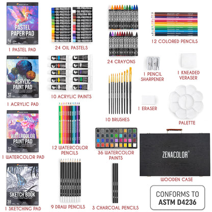Zenacolor art set for adults (XXL) - 150-piece wooden case painting kit for artists - complete drawing and painting set - pastel chalk, acrylic paints, wax crayons, watercolor paints, pencils - 4 blocks