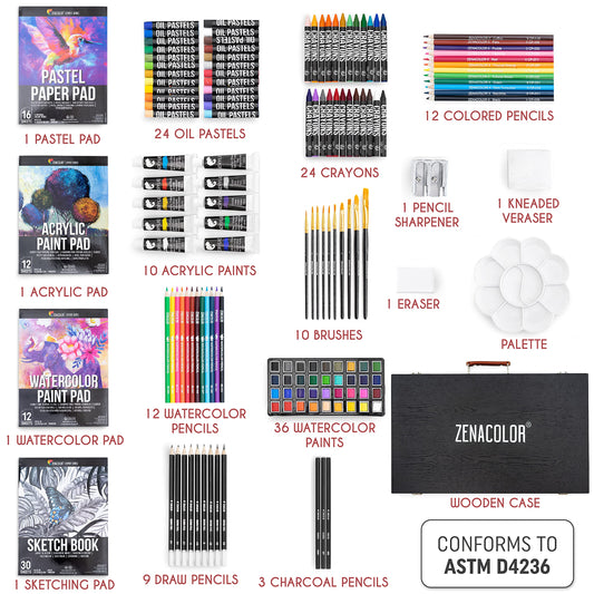 Zenacolor art set for adults (XXL) - 150-piece wooden case painting kit for artists - complete drawing and painting set - pastel chalk, acrylic paints, wax crayons, watercolor paints, pencils - 4 blocks