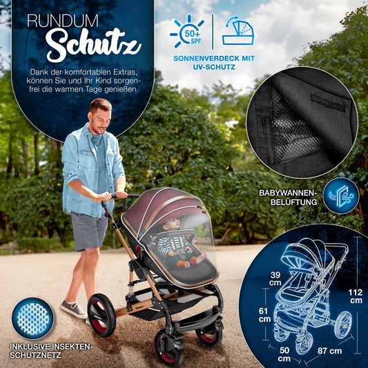 KIDUKU® 3 in 1 stroller XXL complete set | Combination stroller set including baby tub, buggy seat & car baby seat footmuff | Full rubber tires changing bag hand warmer rain cover children's table ECE R129