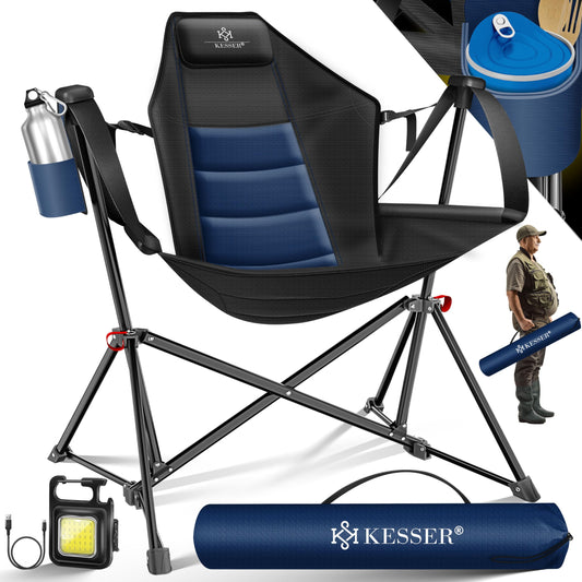 KESSER® Camping chair foldable rocking chair up to 160 kg | Fishing chair folding chair padded | Camping light and drink holder + bag with high backrest | Beach chair with rocking function
