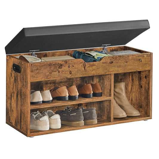 VASAGLE shoe bench with seat, storage bench, upholstered, 3 open compartments, compartment under seat cushion, shoe rack for living room, hallway, supports up to 136 kg, vintage brown LHS30BX