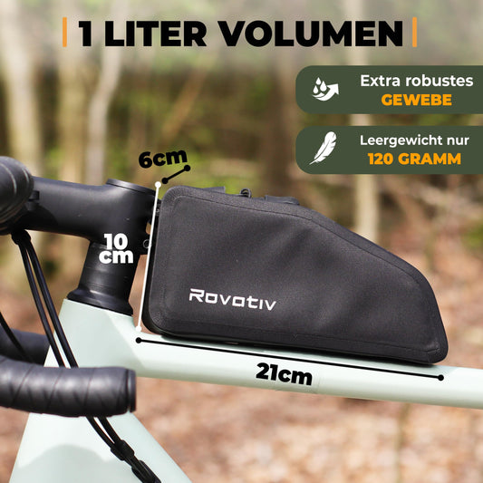 Rovativ® bolt-on bikepacking top tube bag [1 liter] 100% waterproof - frame bag for gravel bike, road bike, and MTB.