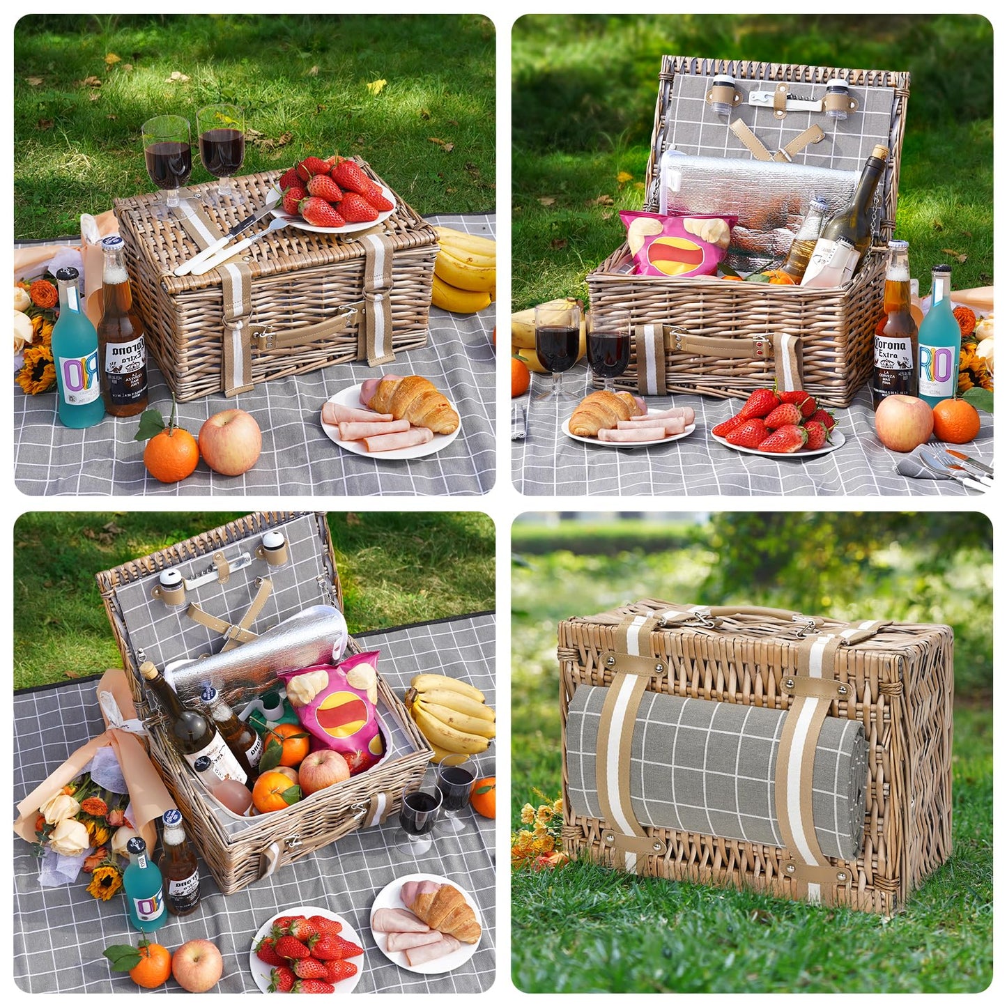 Willow picnic basket for 2 – Willow basket with waterproof picnic blanket | Willow picnic set with insulated cooler | Willow basket with cutlery set | Gift basket for Christmas, Thanksgiving, Gray