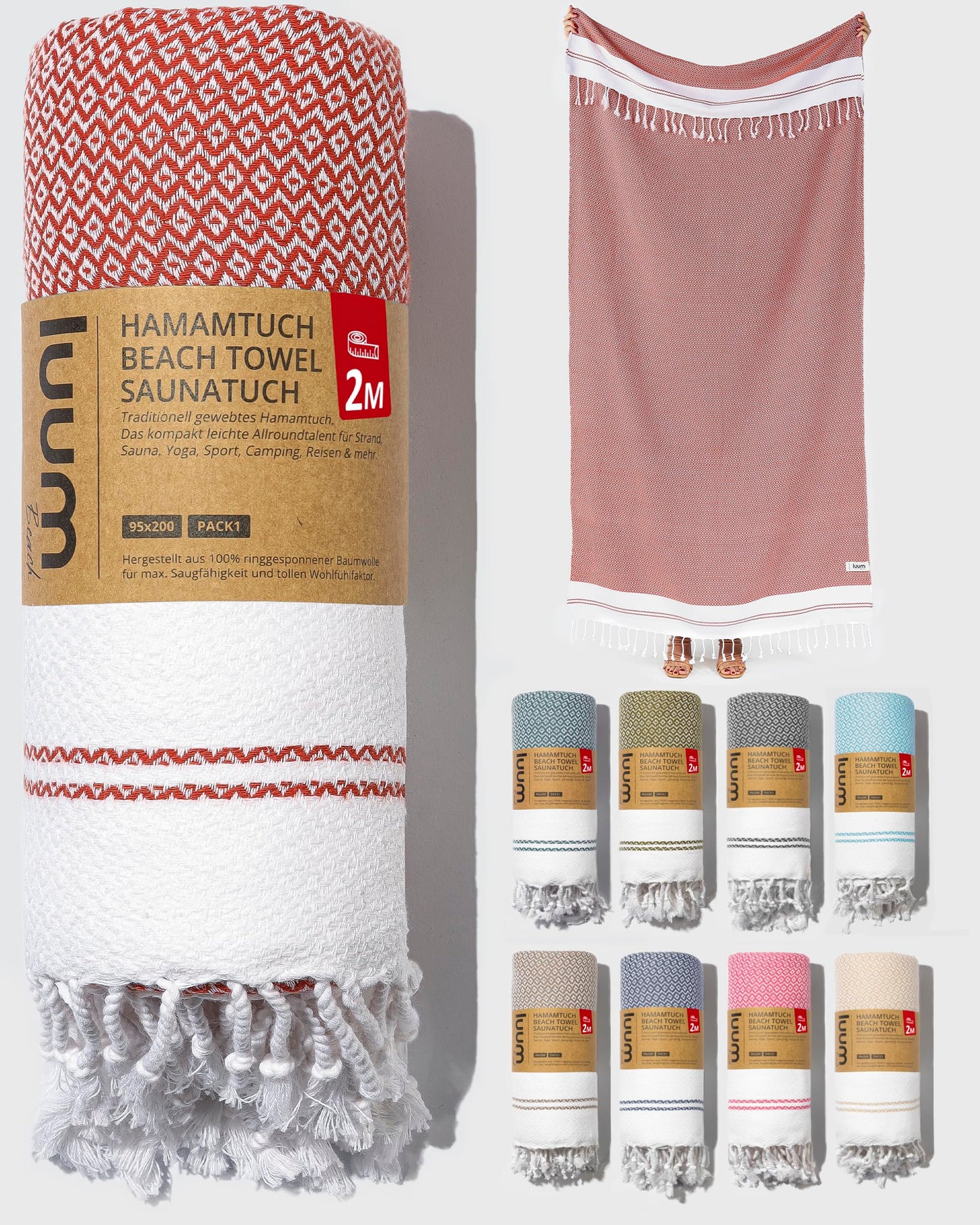 Luum® Sauna towel Hammam towel large 100x200 beach towel XXL bath towel hand towel yoga towel shower towel beach towel sauna towel travel towel Turkish Towels, women men, 100% cotton, Red
