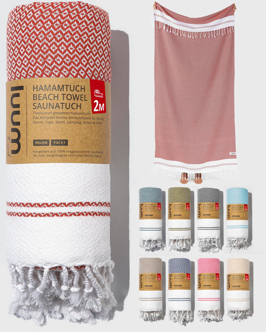 Luum® Sauna towel Hammam towel large 100x200 beach towel XXL bath towel hand towel yoga towel shower towel beach towel sauna towel travel towel Turkish Towels, women men, 100% cotton, Red