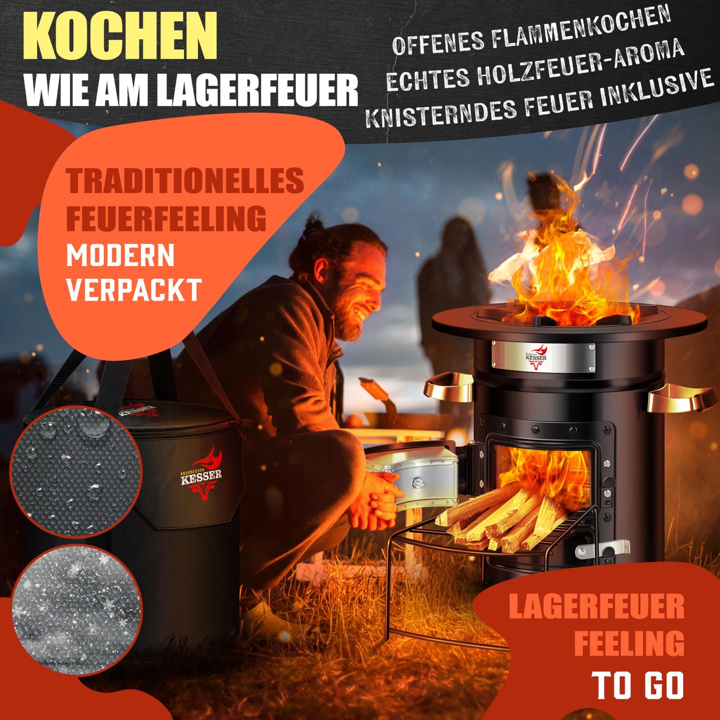 KESSER® Rocket Stove with cast iron grill pan | incl. grill tongs & carrying bag | Dutch Oven 6 integrated spikes | BBQ Rocket Stove wood stove | Camping outdoor stove | Camping grill stainless steel