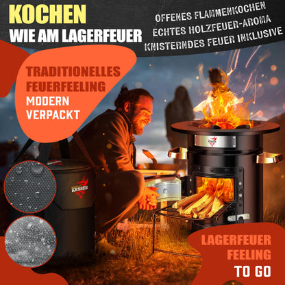KESSER® Rocket Stove with cast iron grill pan | incl. grill tongs & carrying bag | Dutch Oven 6 integrated spikes | BBQ Rocket Stove wood stove | Camping outdoor stove | Camping grill stainless steel