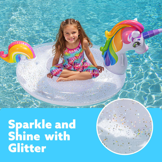 JOYIN Kids' Unicorn Pool Float with Glitters, Inflatable Pool Floaties for Adults, Summer Party Decorations, 175cm*75cm*85cm