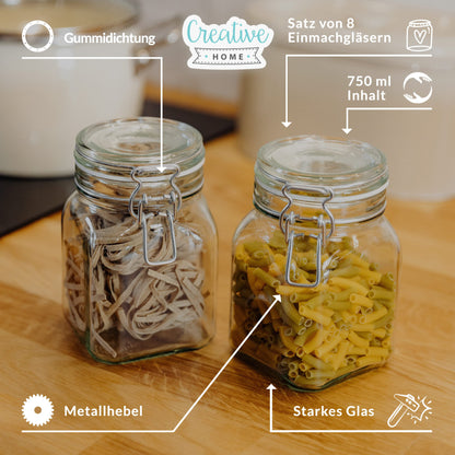 Creative Home 8 x Mason Jars with Clamp Lid | Jars 750ml | Mason Jar Canning Jars with Lid and Rubber Ring | Clamp Jar airtight | 12 Reusable Stickers + 1 Anti-Dust Chalk