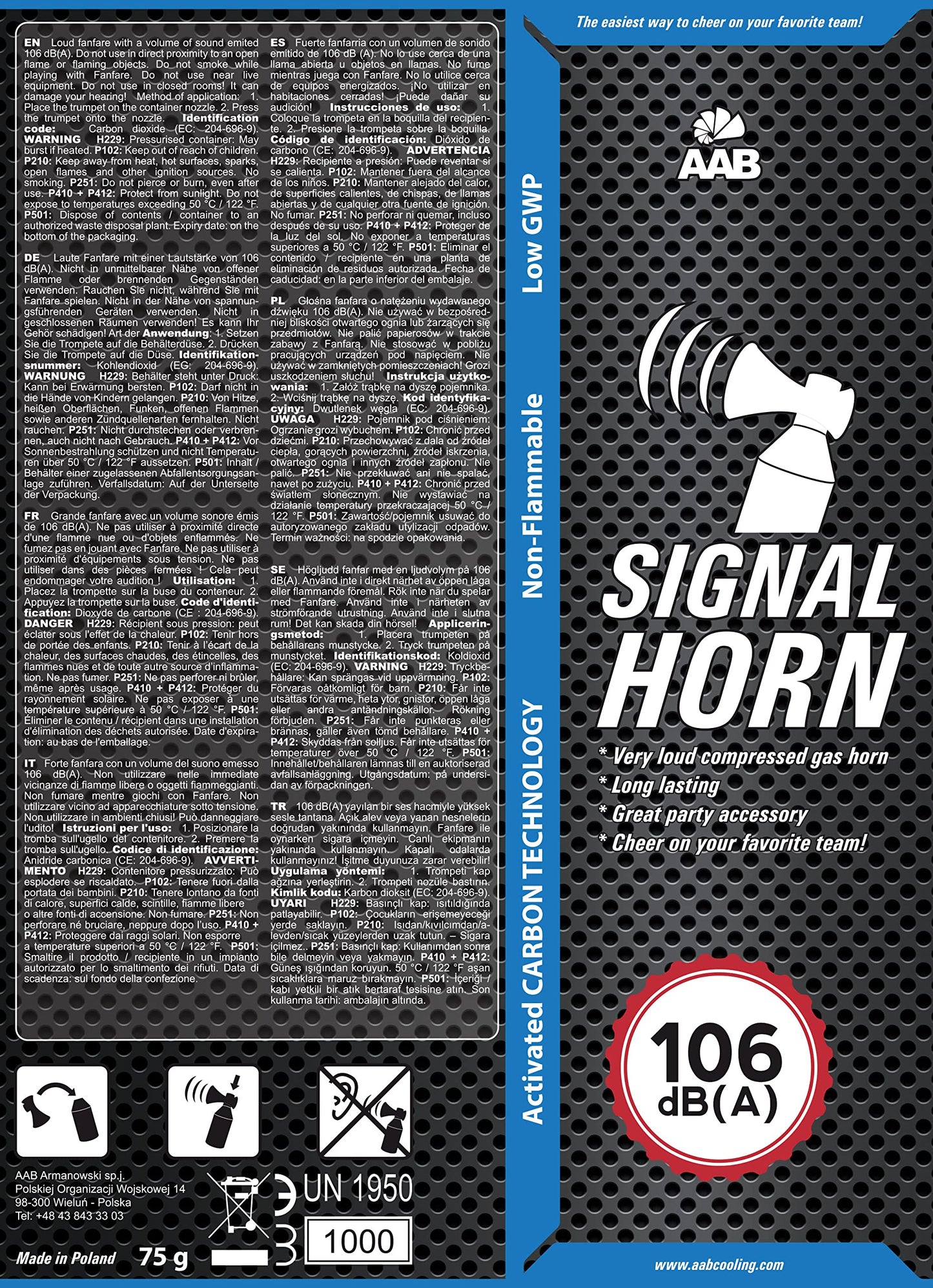 AAB Signal Horn - Loud air pressure horn 106 dB(A), football fan item with non-flammable gas, up to 320 short beeps, fanfare, crowd horn, stadium signal horn, air pressure horn, air horn.