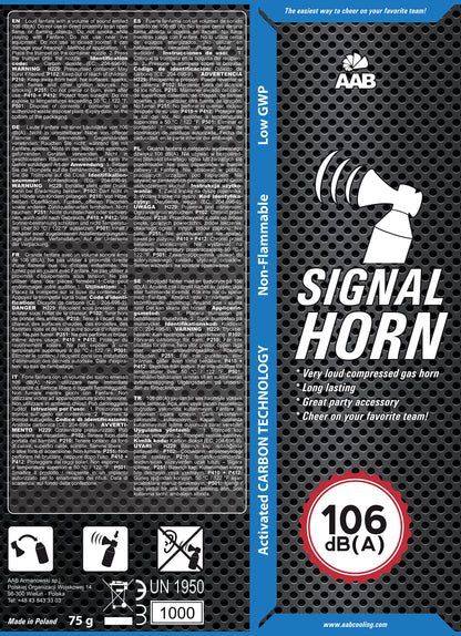 AAB Signal Horn - Loud air pressure horn 106 dB(A), football fan item with non-flammable gas, up to 320 short beeps, fanfare, crowd horn, stadium signal horn, air pressure horn, air horn.