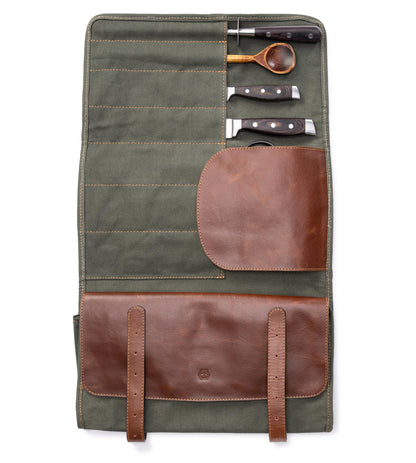 Angus Stoke XXL knife bag with 16 compartments & plenty of storage space – multifunctional & tool bag made of canvas & leather – knife roll Marc (Olive Green)