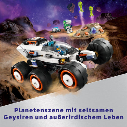 LEGO City Space Rover with Aliens, Car set with robot and alien toy figures, birthday gift for boys and girls ages 6+, includes 2 minifigures and planet backdrop 60431