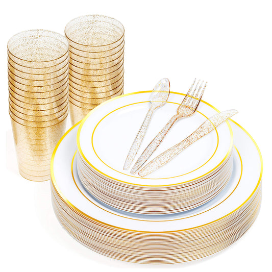 MATANA 150 Piece Reusable Party Tableware Set in White & Gold for 25 Guests - 25 Plastic Plates, 25 Dessert Plates, 25 Spoons, 25 Forks, 25 Knives, & 25 Party Cups - Weddings, Birthdays & Parties