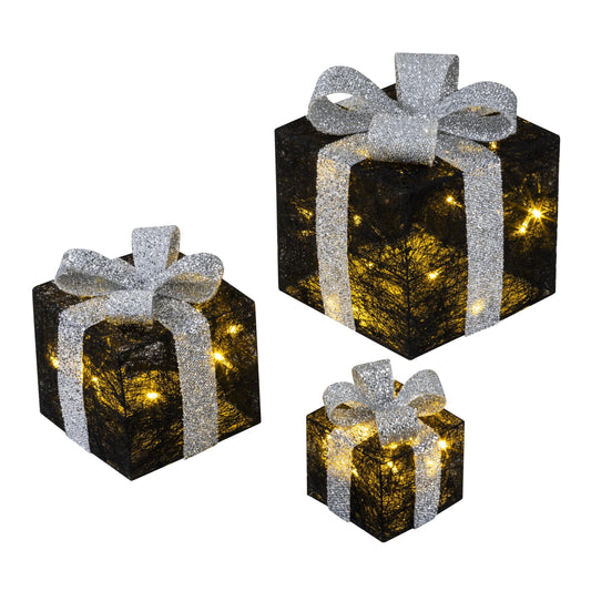 Bambelaa! 3-piece LED decorative gift light boxes with timer Christmas decoration Christmas decor illuminated decor Christmas black-silver