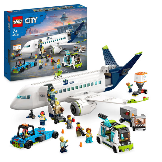 LEGO 60367 City Passenger Airplane Toy Set, large airplane model with airport ground vehicles: apron bus, pushback tug, catering loader, baggage cart, and 9 minifigures