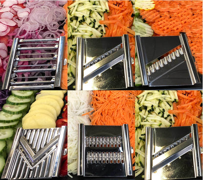 4-in-1 Vegetable Slicer Giant Multi Cutter Muxel's Super Mega Set with 6 additional inserts in the convenient multi-box + lilac multi peeler.