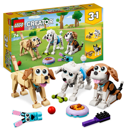 LEGO 31137 Creator 3in1 Cute Dogs Set with dachshund, pug, poodle figures and more, toy for kids 7+, gift for dog lovers.