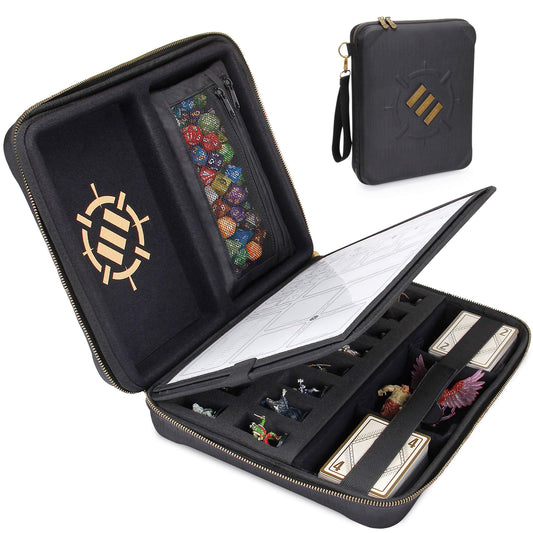 ENHANCE RPG Organizer Case - D&D folder with integrated character sheet holder, dice rolling area, removable pen pocket, miniature foam storage (Black)