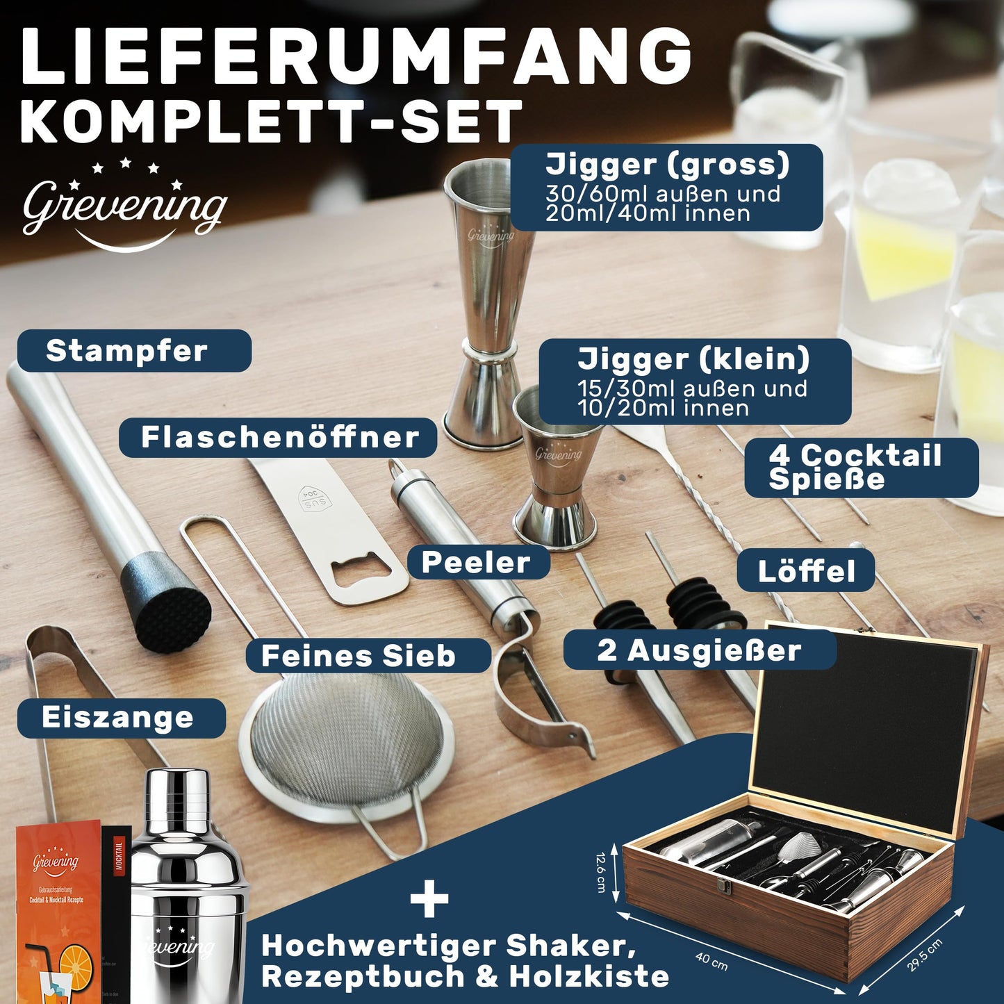 Grevening® [AWARD WINNER] 16-piece Stainless Steel Cocktail Shaker Set in a practical and elegant wooden box, great gift packaging with recipe book for beginners and professional bartenders, 304 Premium Stainless Steel